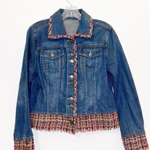 LIZ  CLAIBORNE Vintage Button Up Denim Jean Jacket Tweed Trim Size Medium